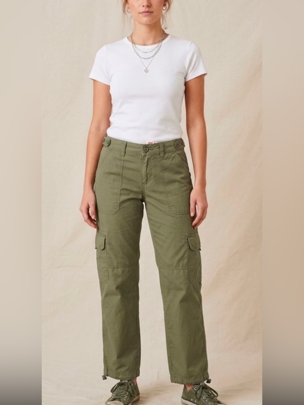 Olive Straight-Leg Cargo Pants with Drawstring Hem